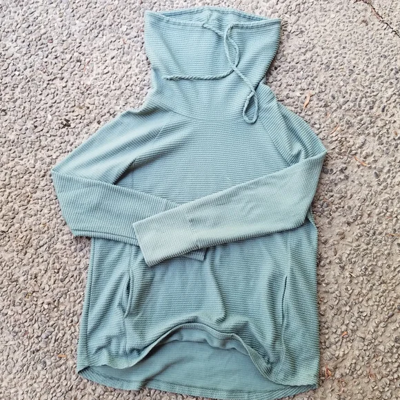 Pink Clover Teal Cowl Neck Women's Textured Long Sleeve Pullover Hoodie Sweater - Picture 3 of 10